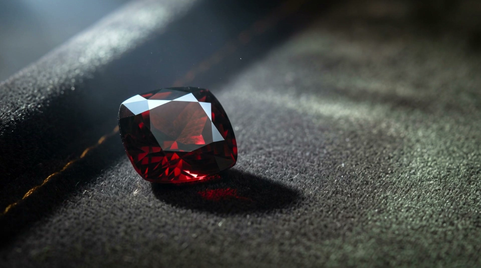 The same alexandrite reading deep red under warm candlelight.