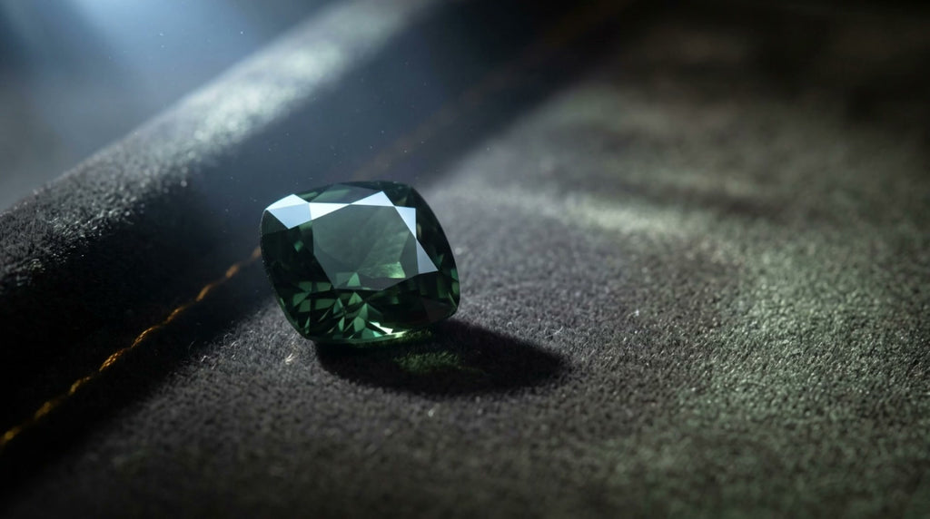 A cushion cut alexandrite reading deep green under cold daylight.