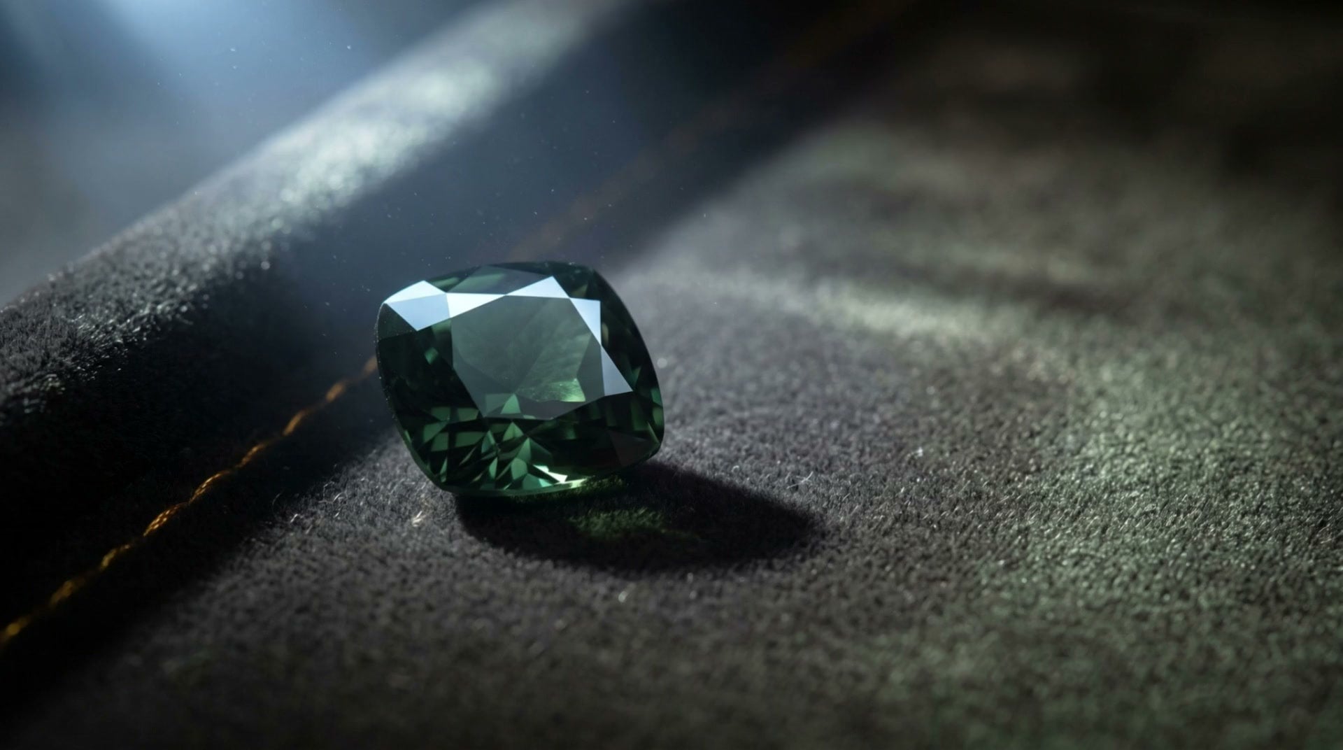 A cushion cut alexandrite reading deep green under cold daylight.